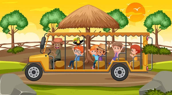 Safari Naplementekor Jelenet Sok Gyerekkel Egy Állatkert Golf Kocsi Illusztráció — Stock Vector