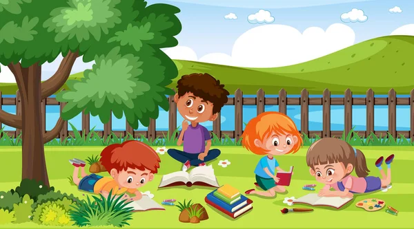 Escena Con Muchos Niños Leyendo Libro Parque Ilustración — Vector de stock