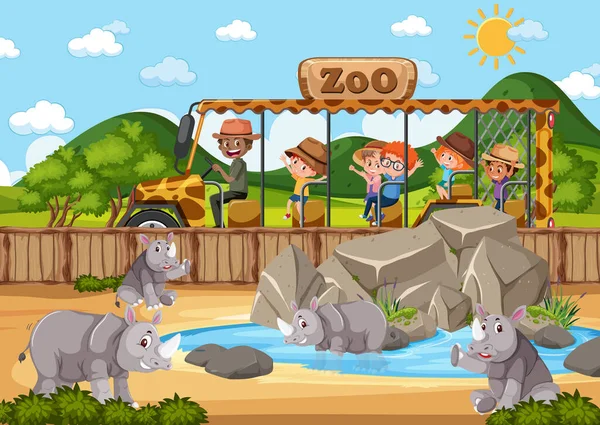 Niños Coche Turístico Viendo Grupo Rinoceronte Escena Del Zoológico Ilustración — Vector de stock