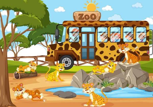 動物園のシーンのイラストでヒョウグループを見て観光車の上の子供たち — ストックベクタ