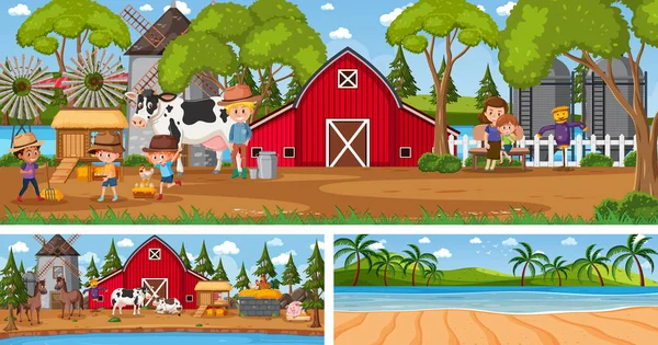 Cenas Paisagem Panorâmica Livre Com Ilustração Personagem Desenhos Animados —  Vetores de Stock