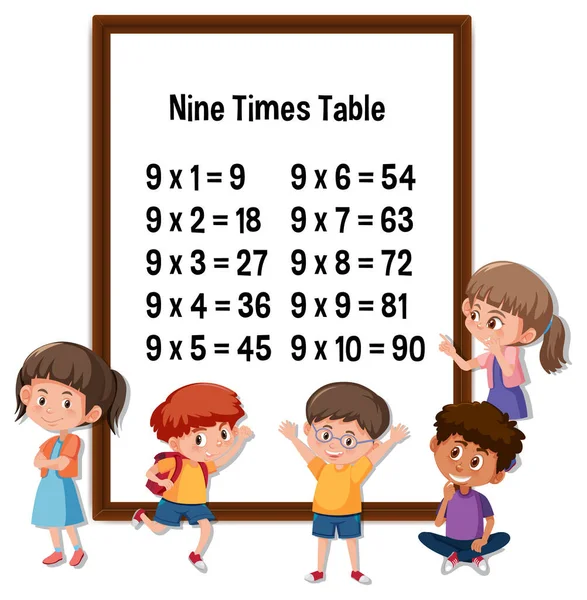 Nine Times Table Mit Vielen Zeichentrickfiguren Für Kinder — Stockvektor