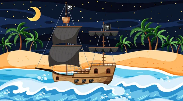 Ocean Pirate Ship Night Scene Cartoon Style Illustration — Stock Vector