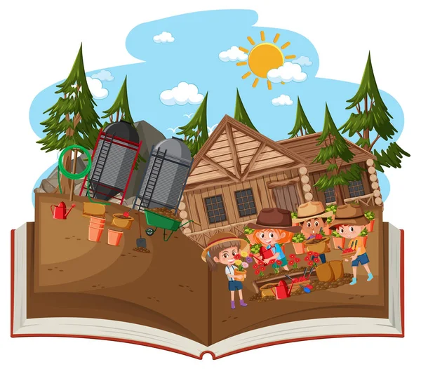 Open Boek Met Veel Kinderen Tuin Illustratie — Stockvector