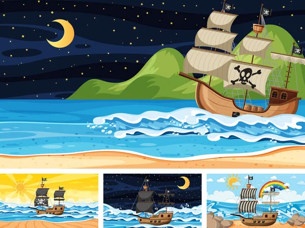 Set Óceán Jelenetek Különböző Időpontokban Kalóz Hajó Rajzfilm Stílusú Illusztráció — Stock Vector