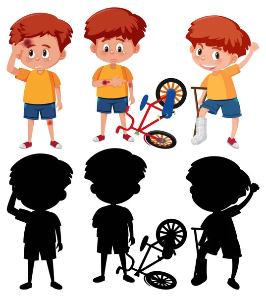 Conjunto Personaje Dibujos Animados Niño Diferentes Posiciones Con Silueta Ilustración — Vector de stock