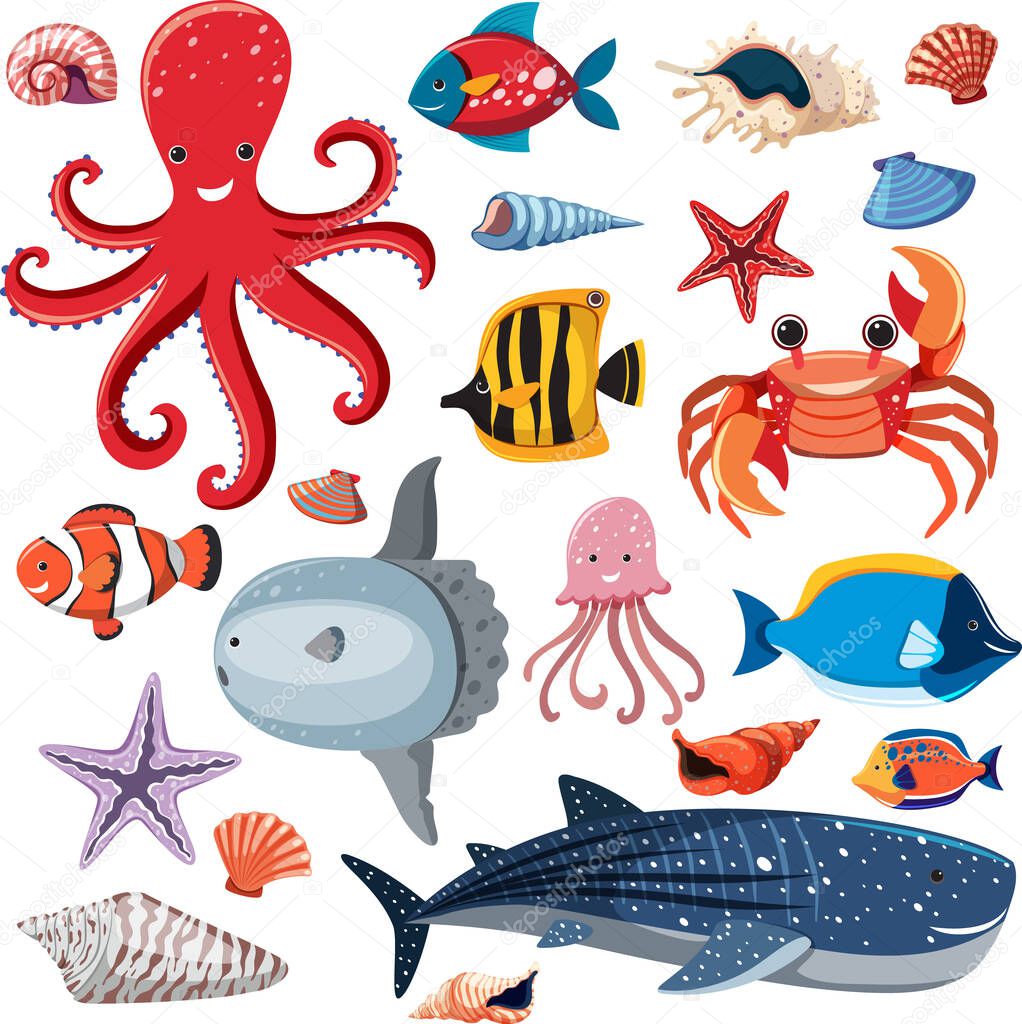 Cartoon Sea Life Seamless Pattern with Sea Animals character illustration