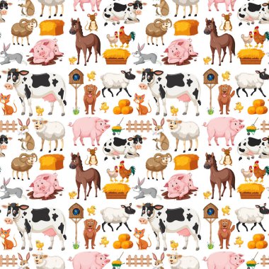 Beyaz arkaplanda sevimli çiftlik hayvanlarıyla kusursuz desen