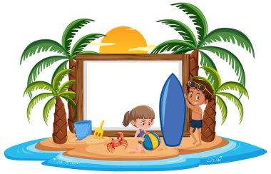 Yaz tatilinde beyaz arkaplan resimlerinde çocukların oynadığı boş afiş şablonu