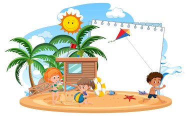 Yaz tatilinde bir sürü çocukla plajdaki izole resimlerin olduğu boş pankart şablonu