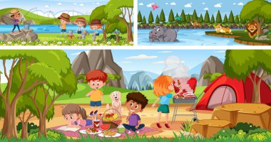 Açık hava panoramik manzara sahneleri çizgi film karakteri illüstrasyonuyla hazırlanmıştır.