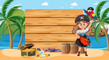 Sahilde gündüz resimlerinde korsan bir kadınla boş ahşap afiş tasviri