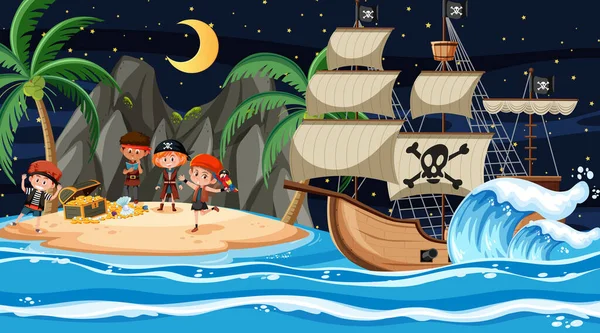 Treasure Island Σκηνή Νύχτα Pirate Παιδιά Εικονογράφηση — Διανυσματικό Αρχείο