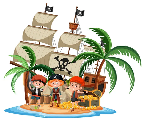 Bateau Pirate Sur Île Avec Nombreux Enfants Isolés Sur Fond — Image vectorielle