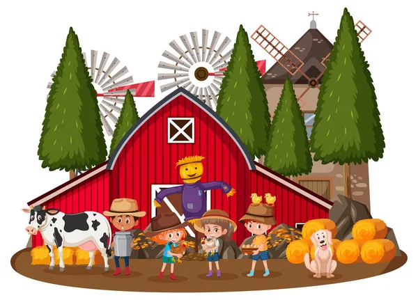 白い背景のイラストに多くの子供や家畜と農家の家 — ストックベクタ