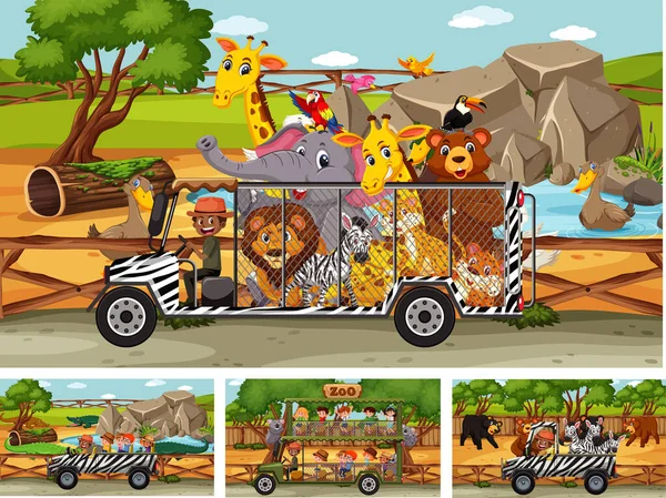 Diferentes Escenas Safari Con Animales Ilustración Personajes Dibujos Animados Para — Archivo Imágenes Vectoriales