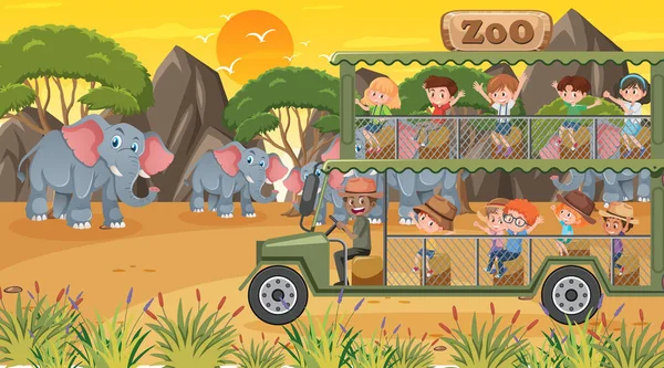 Zoo Bij Zonsondergang Tijd Met Veel Kinderen Kijken Olifant Groep — Stockvector