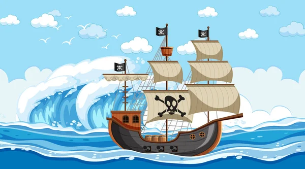 Ocean Scene Day Time Pirate Ship Cartoon Style Illustration — Stock Vector