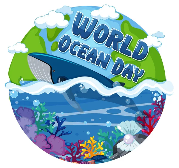 World Ocean Day Banner Whale Ocean Isolated Illustration — Stock Vector