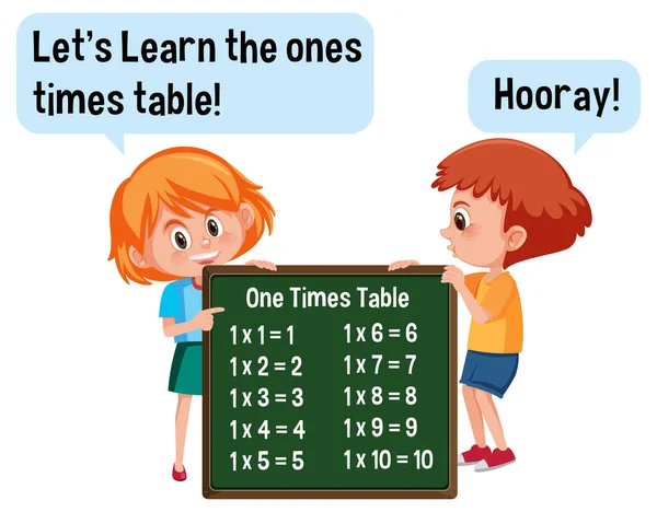 两个孩子拿着一面桌子横幅插图的卡通角色 — 图库矢量图片
