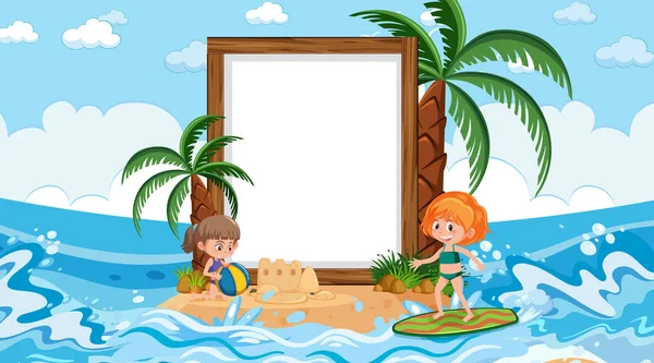 Barn Semester Stranden Dagtid Scen Med Tom Banner Mall Illustration — Stock vektor