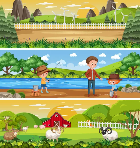 Paisagem Natureza Diferente Cena Diurna Com Ilustração Personagem Desenho Animado — Vetor de Stock