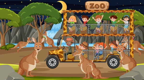 Safari Escena Nocturna Con Niños Viendo Ilustración Grupo Canguro — Archivo Imágenes Vectoriales