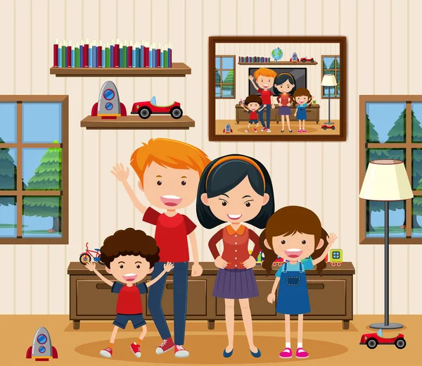 Joyeux Famille Dans Salon Illustration Scène — Image vectorielle