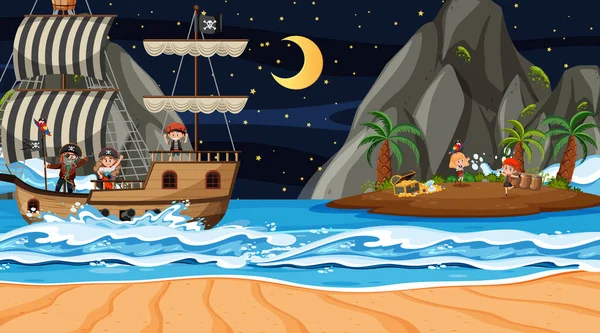 Treasure Island Cena Noite Com Crianças Piratas Navio Ilustração — Vetor de Stock