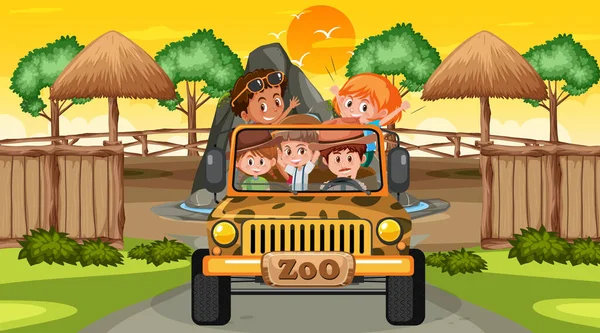 Zoo Coucher Soleil Scène Avec Nombreux Enfants Dans Une Illustration — Image vectorielle
