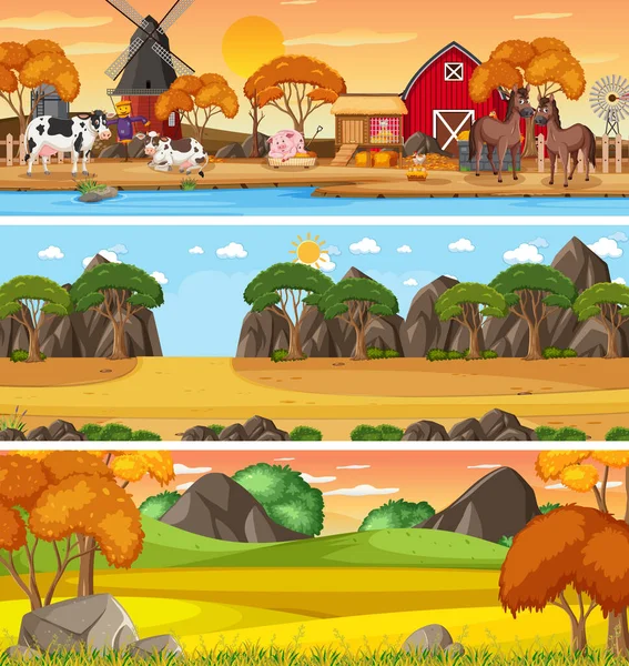Different Nature Landscape Daytime Scene Cartoon Character Illustration — Stock Vector