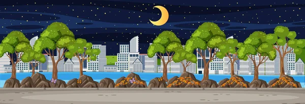 Park Horizontale Szene Mit Stadtbild Hintergrund Der Nacht Illustration — Stockvektor