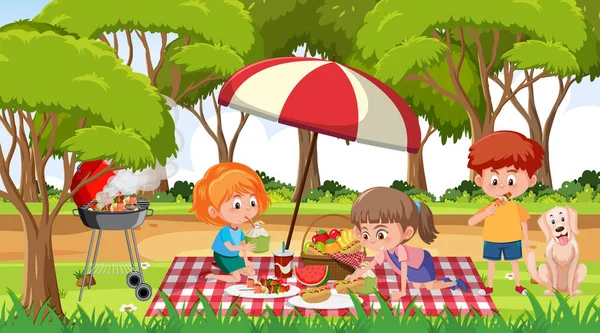 Szene Mit Vielen Kindern Beim Picknick Park Illustration — Stockvektor