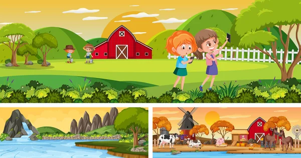 Outdoor Panorama Landschaft Szenen Mit Zeichentrickfigur Illustration Gesetzt — Stockvektor