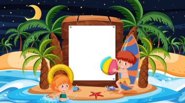 Yaz tatilindeki çocuklar plaj gecesi sahnesinde boş bir afiş tasviri ile