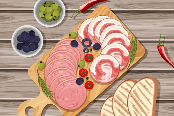 Platte Mit Aufschnitt Und Geräuchertem Fleisch Auf Dem Tisch Hintergrund — Stockvektor