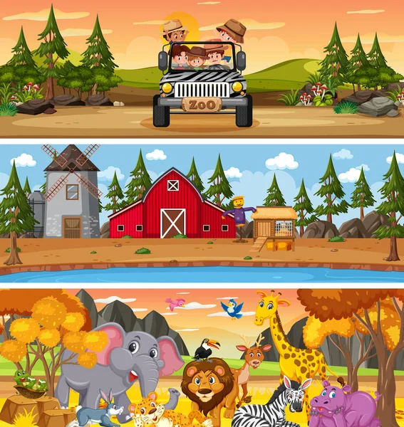 Diferente Paisaje Natural Escena Diurna Con Ilustración Personajes Dibujos Animados — Vector de stock