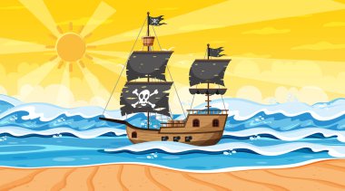 Günbatımı sahnesinde Korsan gemisiyle okyanus karikatür tarzı illüstrasyon