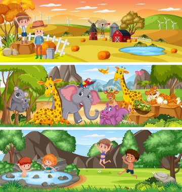 Çizgi film karakteri illüstrasyonuyla gündüz sahnesinde farklı doğa manzarası