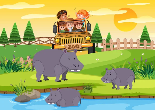 Kinderen Toeristische Auto Kijken Luipaard Groep Dierentuin Scene Illustratie — Stockvector