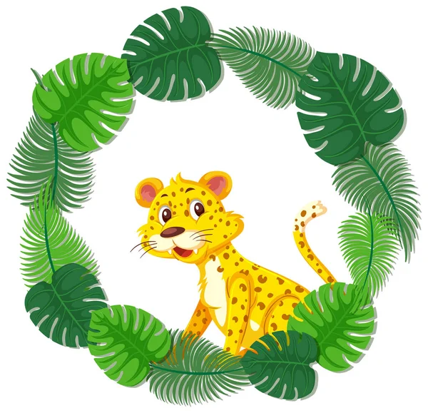 Шаблон Баннера Круглых Зеленых Листьев Иллюстрацией Персонажа Леопарда — стоковый вектор