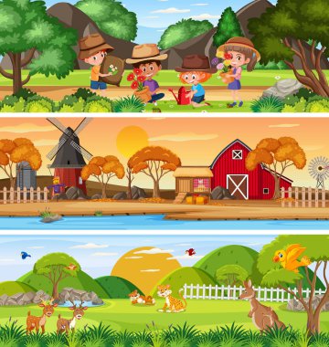 Çizgi film karakteri illüstrasyonuyla gündüz sahnesinde farklı doğa manzarası