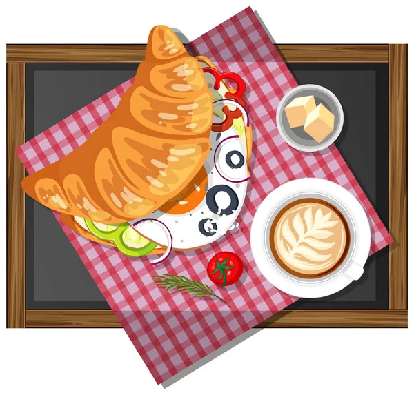 Pequeno Almoço Croissant Sanduíche Com Uma Xícara Café Uma Placa — Vetor de Stock