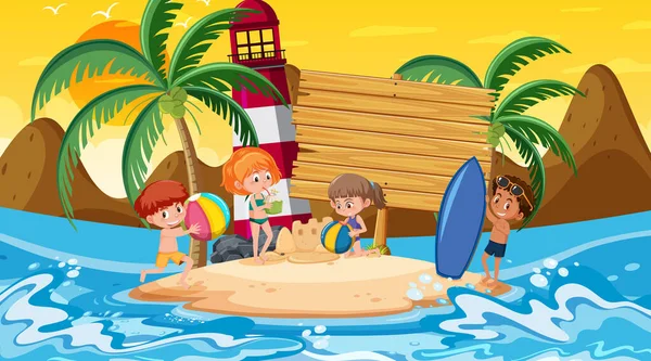 Niños Vacaciones Escena Del Atardecer Playa Con Una Ilustración Plantilla — Vector de stock