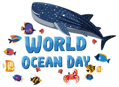 Beyaz arkaplanda birçok farklı deniz hayvanının yer aldığı Dünya Okyanus Günü afişi