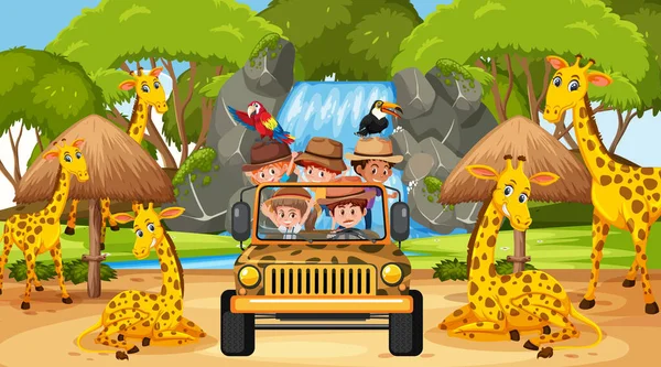Kids Tour Cena Safari Com Muitas Girafas Ilustração —  Vetores de Stock