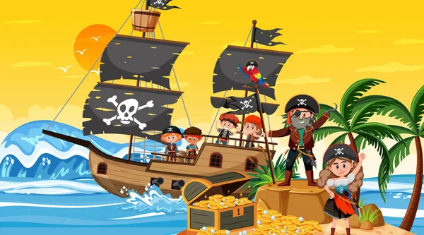 Scena Treasure Island Zachodzie Słońca Dziećmi Piratów Ilustracji Statku — Wektor stockowy