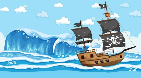 Ocean Med Pirat Fartyg Dagen Scen Tecknad Stil Illustration — Stock vektor