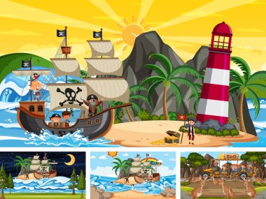 Denizde korsan gemisi ve hayvanat bahçesinde hayvanlar olan farklı sahneler.