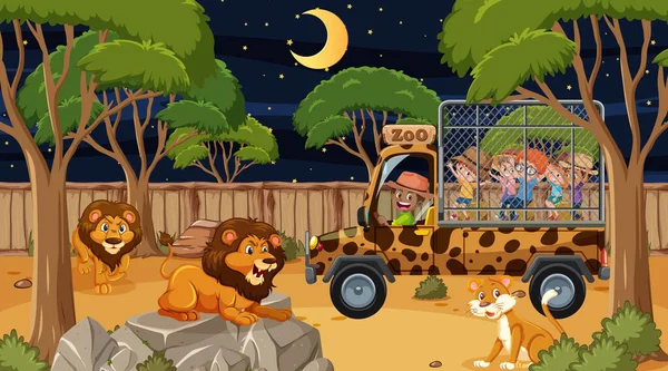 Safari Night Scene Many Kids Watching Lion Group Illustration — Stock Vector